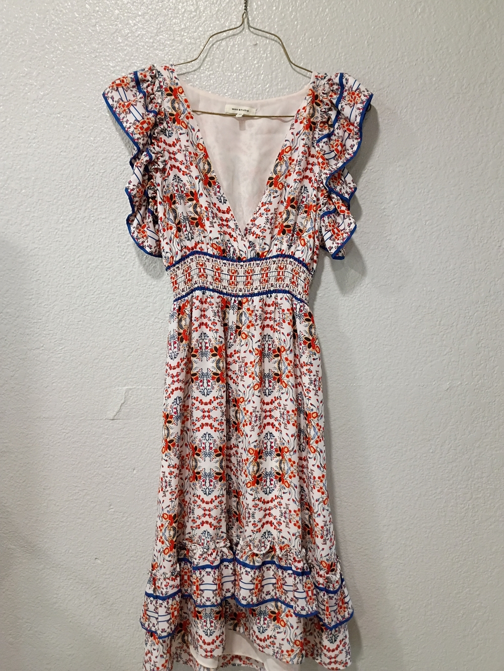 Max Studio White Floral V-Neck Ruffle Midi Dress with Blue Trim